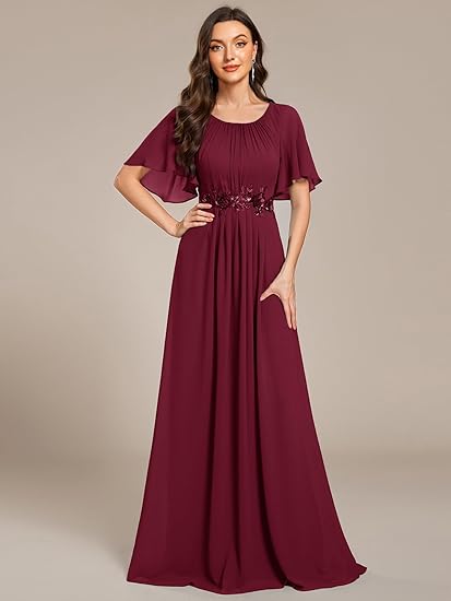Women's Classic Round Neck Pleated Short Sleeves Evening Dresses